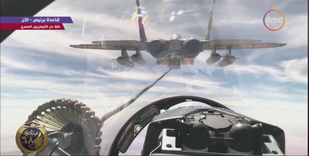 Egyptian Air Force MIG-29M/M2 & Rafale fighter jets conduct Buddy-buddy aerial refueling over Bernice military base within Qader-2020 military drills