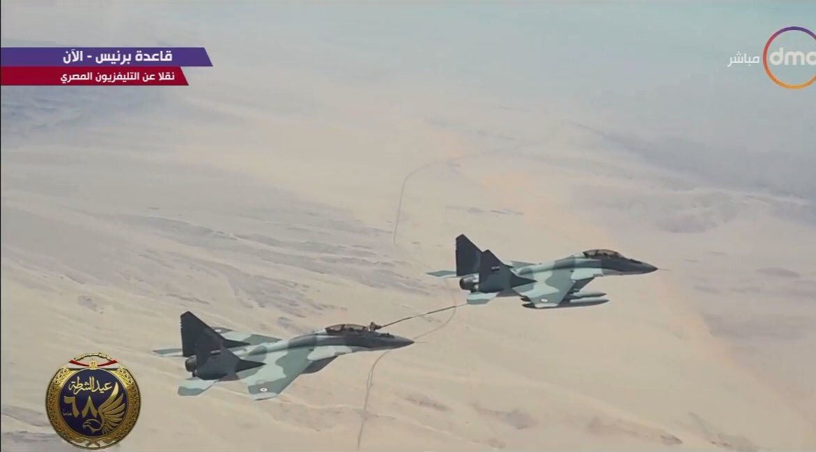 Egyptian Air Force MIG-29M/M2 & Rafale fighter jets conduct Buddy-buddy aerial refueling over Bernice military base within Qader-2020 military drills