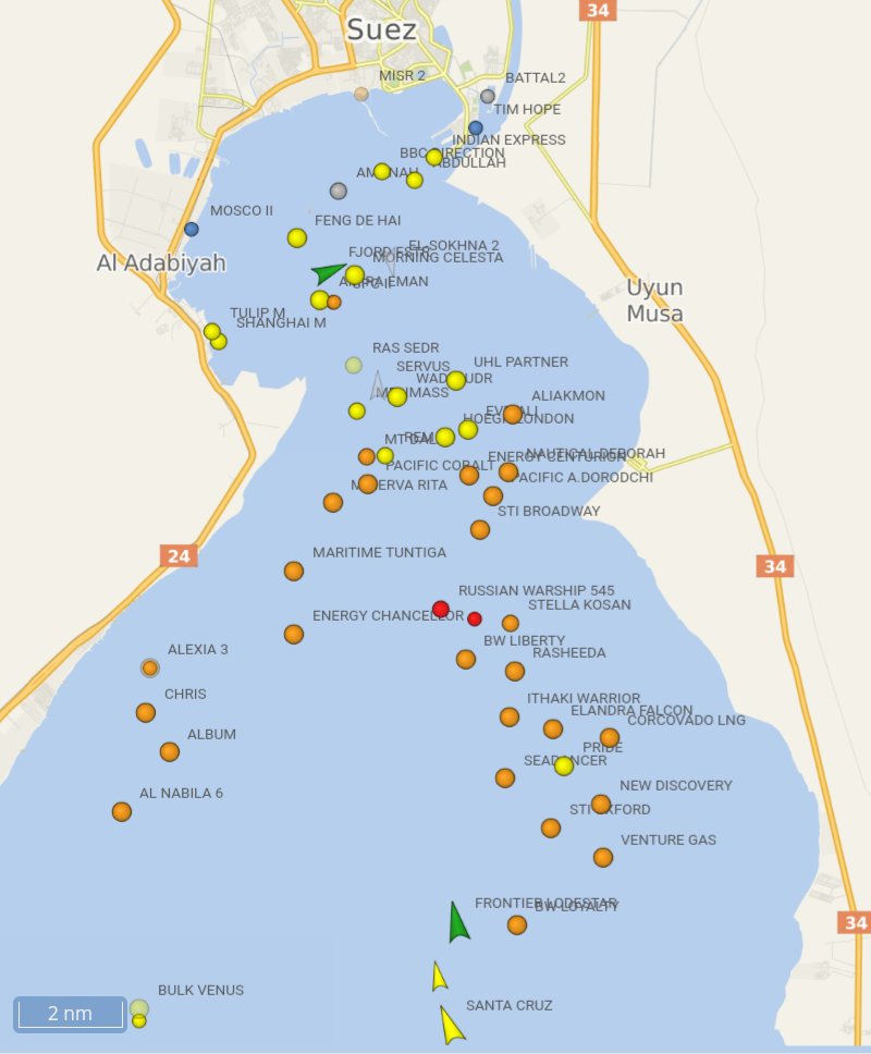 After all day trying to refloat the mega container ship 'Ever Given', in the Suez Canal, there is a steady log jam of ships waiting in the Mediterranean & Red Sea and in the canal itself