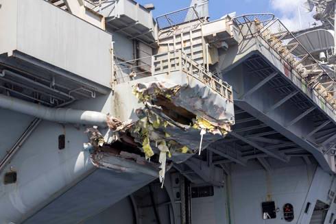 U.S. 6th Fleet released the following image of exterior damage sustained by USS Harry S. Truman (CVN 75) during the aircraft carrier’s collision with merchant marine ship in Med