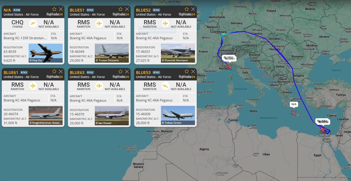 تتجه حاليًا العديد من طائرات التزويد بالوقود جوًا من طراز KC-135 وKC-46 التابعة للقوات الجوية الأمريكية نحو الشرق الأوسط، حيث يدور عدد منها حاليًا خارج المجال الجوي المصري، وربما تنتظر نقل المقاتلات إلى قواعد في أوروبا والولايات المتحدة أو نقل الطائرات التي تم إجلاؤها بسبب التهديد الصاروخي الذي تشكله إيران.